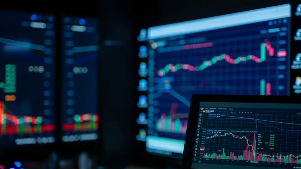 Monitors displaying stock market charts and index performance