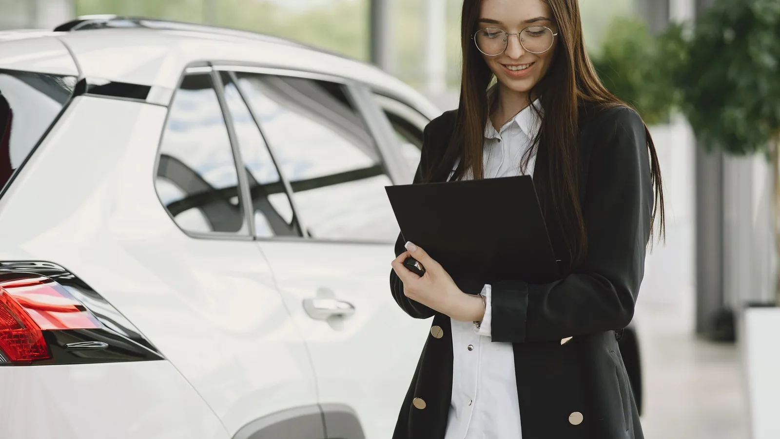 Smiling woman in a black jacket reviewing documents near a white car indoors.