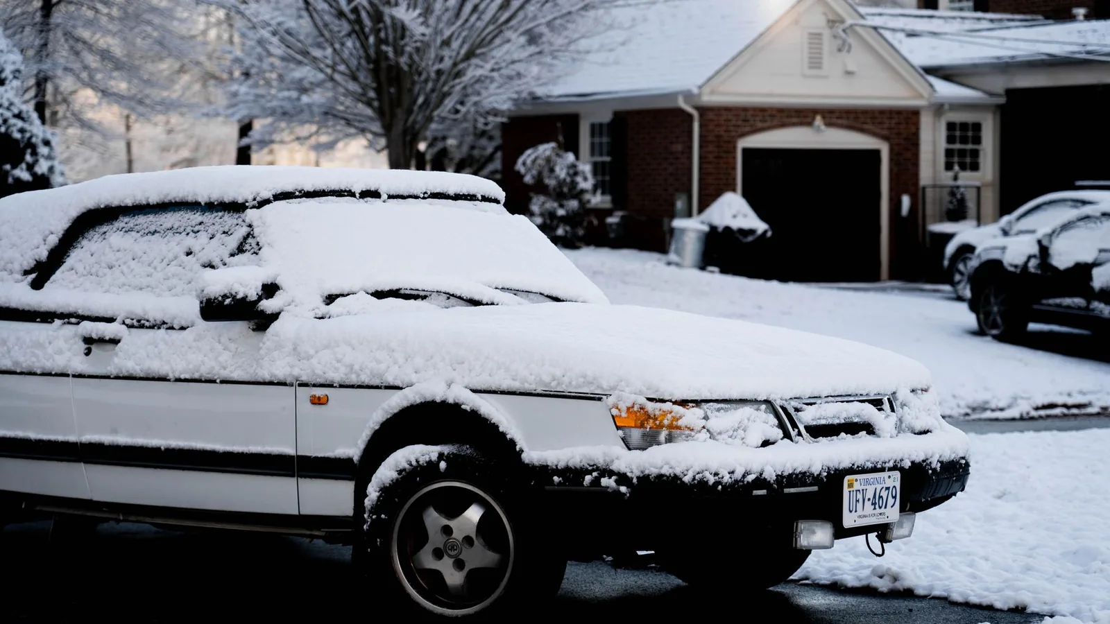 A parked white car covered in snow on a suburban street during winter.